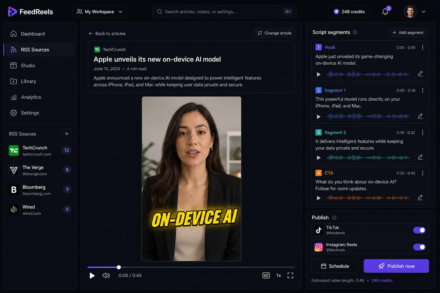 FeedReels preview — RSS pipeline and Avatar Studio